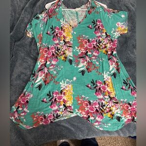 Spense Teal and Pink Floral Blouse has open shoulder area